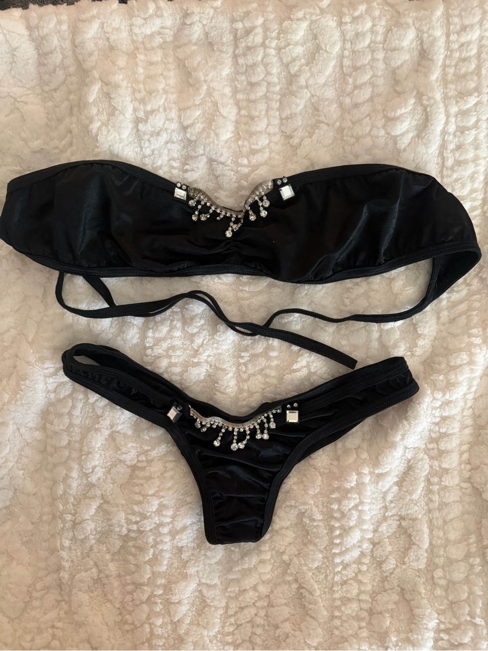 Black Crystal-Embellished Bandeau Bikini Set